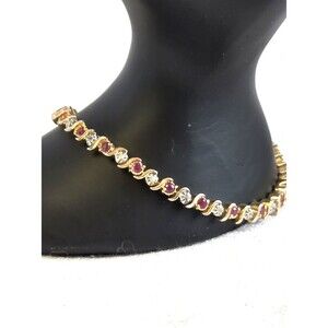 Tennis Bracelet Sterling 925 Gold Plated CZ Garnet Gemstones 7 1/8” Signed CL